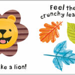 A children's book illustration featuring a lion's face on the left with the text "Roar like a lion!" On the right, there are textured images of orange, green, yellow, and blue leaves with the text "Feel the crunchy leaves." Colorful tabs appear on the sides.