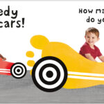 Illustration of two children sitting in colorful race cars. One child is in a red car and another in a yellow car. Text reads, "Speedy race cars!" and "How many cars do you see?", with an arrow pointing to a trophy and text, "There are 2 cars!.
