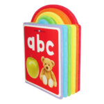 A colorful children's alphabet book with tabs shaped as a rainbow, displaying the letters "abc" alongside an image of an apple and a teddy bear on the cover.