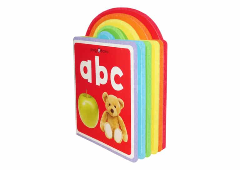 A colorful children's alphabet book with tabs shaped as a rainbow, displaying the letters "abc" alongside an apple and a teddy bear on the cover.