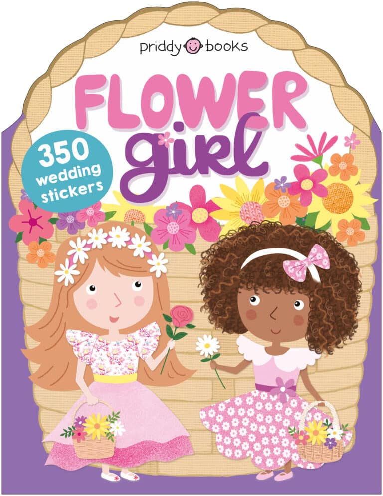 Cover of "Flower Girl" book featuring two illustrated girls holding flowers and baskets, with the text "350 wedding stickers.