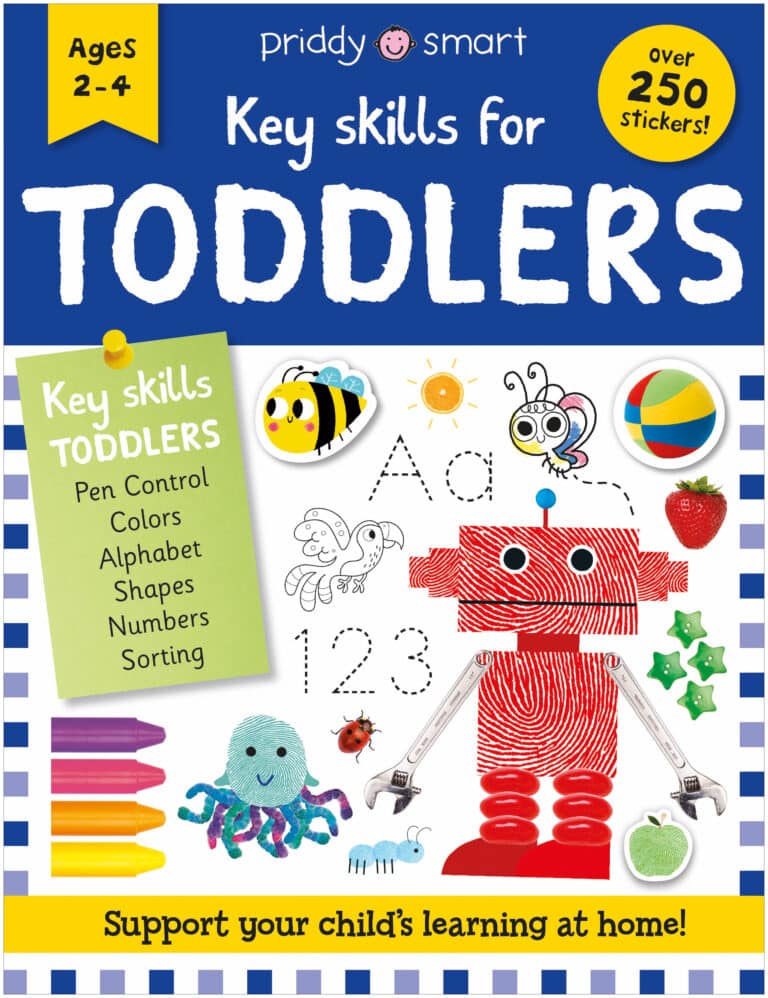 Cover of "key skills for toddlers" activity book for ages 2-4 featuring colorful illustrations of a robot, animals, fruits, and crayons, with the text highlighting over 250 stickers and educational content areas.