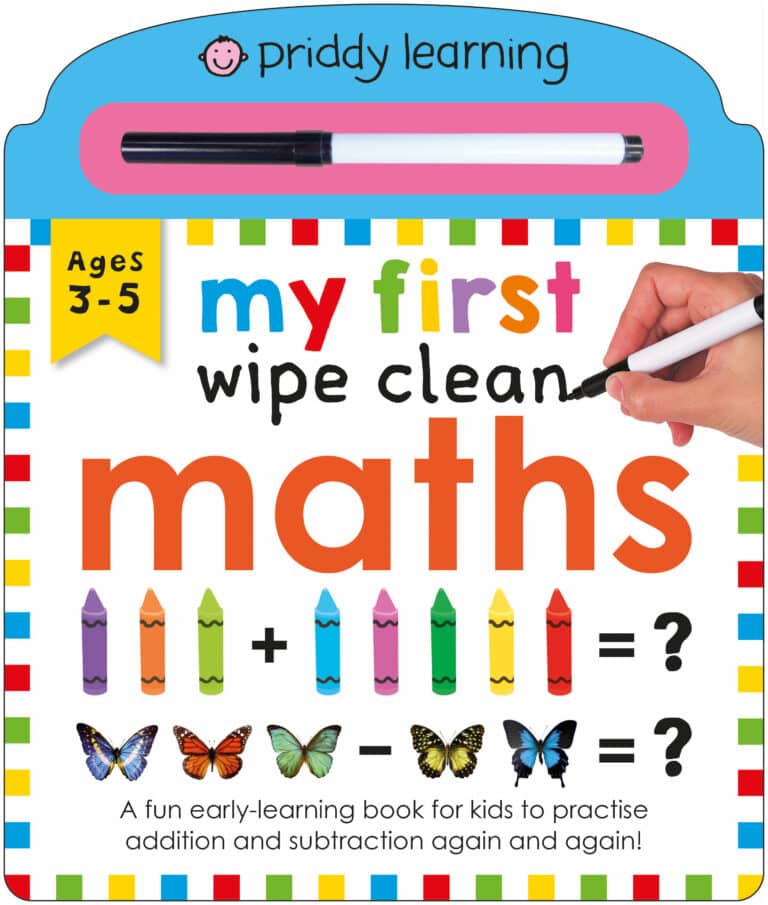 Cover of "My First Wipe Clean Maths," featuring colorful crayons and butterflies for practicing addition and subtraction.