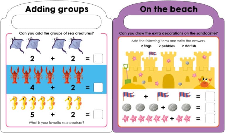 A children's activity sheet with two sections: 'Adding groups' on the left with illustrations of stingrays, lobsters, and seahorses for simple addition exercises, and 'On the beach' on the right with a sandcastle and decorations for counting and drawing tasks.