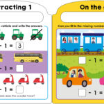 An educational worksheet titled "Subtracting 1." It features subtraction problems with illustrations of vehicles (tractors, buses, scooters, and train) and fill-in-the-blank exercises. Children are shown inside the train and cars, with matching problems to solve.