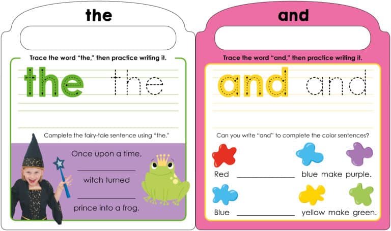 Two worksheets for children practice writing "the" and "and." The left has a witch, frog, and sentence activity: "Once upon a time, a witch turned ____ prince into a frog." The right has color-mixing: "Red ___ blue make purple," and "Blue ___ yellow make green.