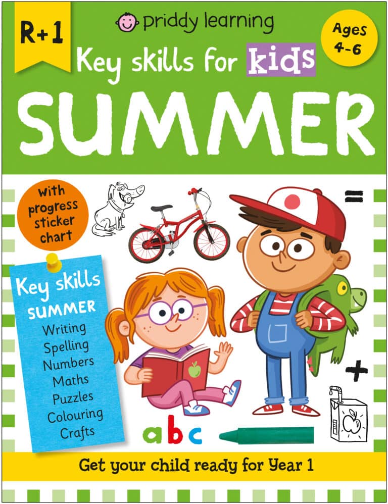 Cover of a children's activity book featuring a girl reading, a boy with a backpack, and summer-themed key skills.