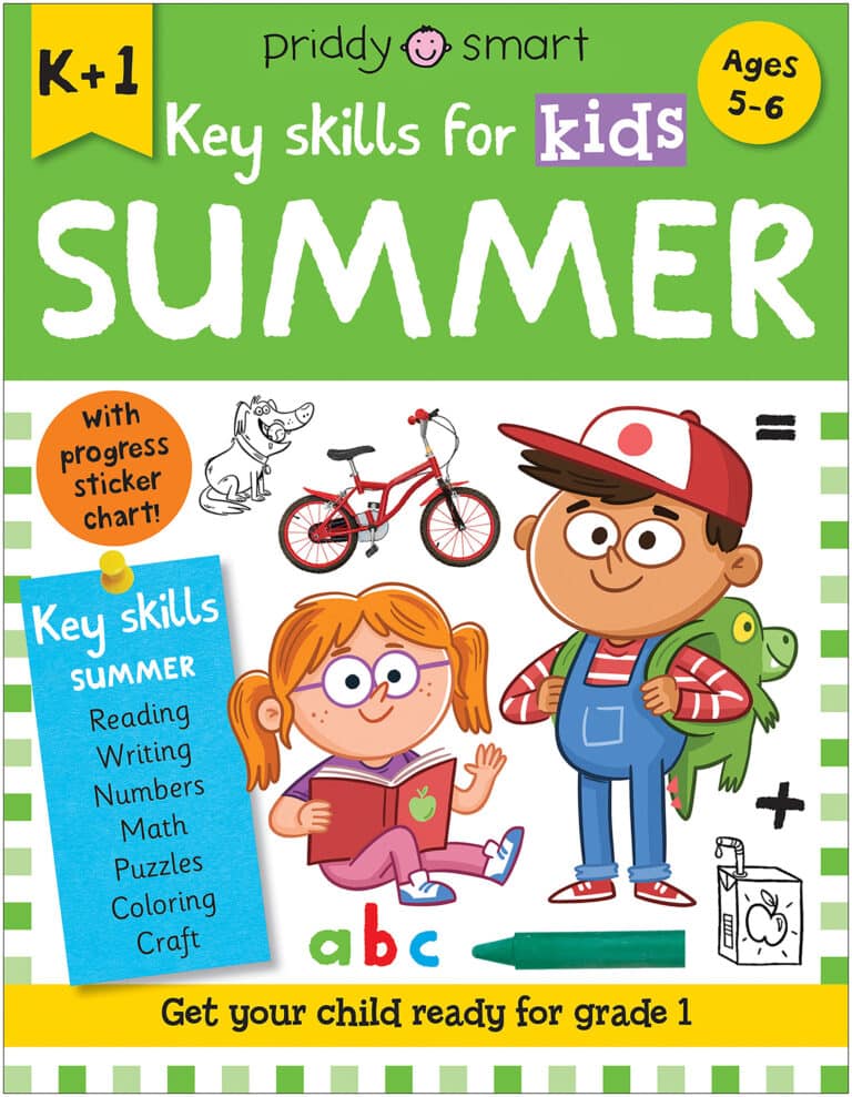 Colorful cover of "key skills for kids" activity book for ages 5-6, featuring cartoon children, a red bicycle, backpack, and various educational icons like books, numbers, and letters.