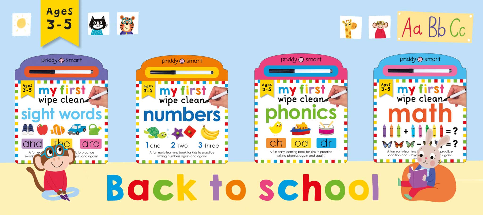 Four colorful educational book covers for ages 3-5 featuring "my first wipe clean" sight words, numbers, phonics, and math, with a "back to school" banner and a cartoon monkey reading a book.