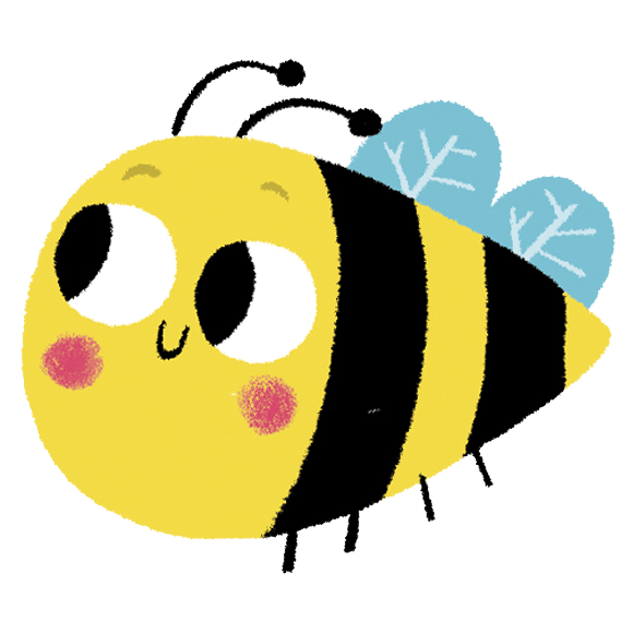A cute Priddy Books cartoon illustration of a smiling bee with yellow and black stripes, big round eyes, small rosy cheeks, and delicate blue wings.