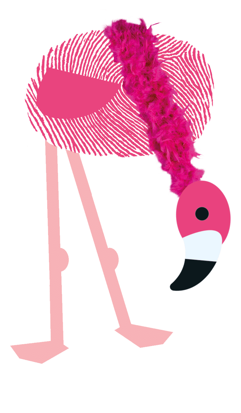 A whimsical collage from Priddy Books featuring a flamingo standing on one leg, with a pink and red striped body, a fluffy feather boa, and abstract geometric shapes.