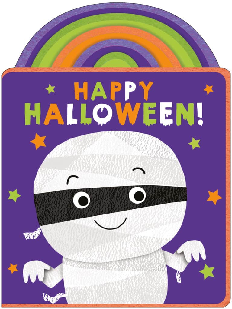A colorful Halloween greeting card features a cute, smiling cartoon mummy with big, friendly eyes waving. The background is purple with orange, green, and white stars. The message "Happy Halloween!" is written in playful, multicolored letters at the top.
