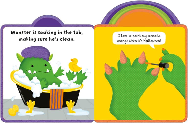 A two-page illustration from a children's book shows a green monster with purple hair in a bubbly bathtub on the left page, and the monster painting its toenails orange on the right page. Text reads, "Monster is soaking in the tub, making sure he's clean" and "I love to paint my toenails orange when it's Halloween!.