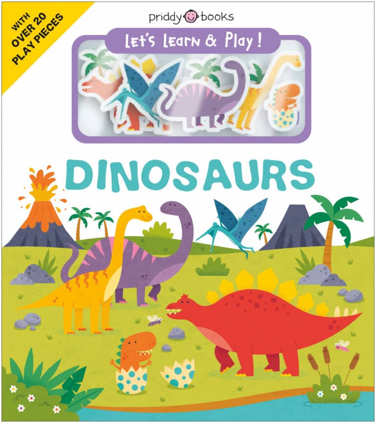 A colorful children's book cover titled "Dinosaurs" by Priddy Books. The cover features illustrations of various dinosaurs in a prehistoric landscape, along with a small box at the top showing removable play pieces. There's text indicating "With Over 20 Play Pieces.