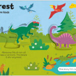 Colorful children's illustration of a Jurassic forest featuring various dinosaur species including an Allosaurus, Brachiosaurus, and Stegosaurus. The scene contains labels with fun facts about the dinosaurs, a pond with fish, and a floating log. Title text at the top.