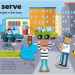 Colorful illustration showing police officers engaging in various activities in a town. Activities include patrolling in cars, helping children, managing traffic, using police dogs, and making an arrest. Buildings, police station, and various objects are featured.