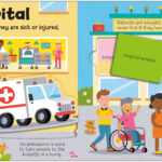 Illustrated hospital scene with doctors, nurses, patients, an ambulance, medical kits, and crutches.