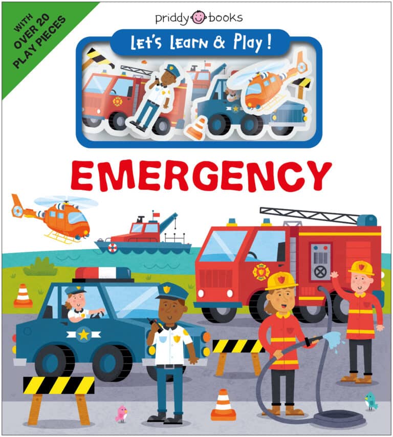 Children's book cover titled "Emergency" by Priddy Books. It features cartoon illustrations of emergency vehicles and personnel, including police officers, firefighters, a fire truck, a police car, a helicopter, and various emergency-related play pieces.