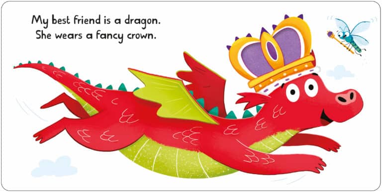 A red dragon with green wings and a big smile flies in the sky, wearing a large purple and yellow crown. A blue insect with a mischievous expression hovers nearby. The text on the image reads, "My best friend is a dragon. She wears a fancy crown.