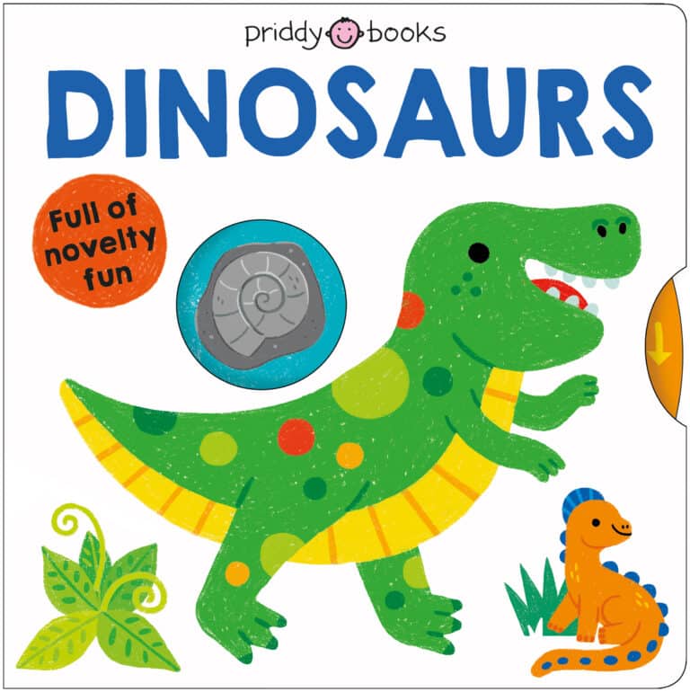 A colorful children's book cover titled "Dinosaurs" by Priddy Books. The cover features a green and yellow spotted dinosaur, a smaller orange and blue dinosaur, and a plant. There's a fossil graphic with the text "Full of novelty fun" on the left side.