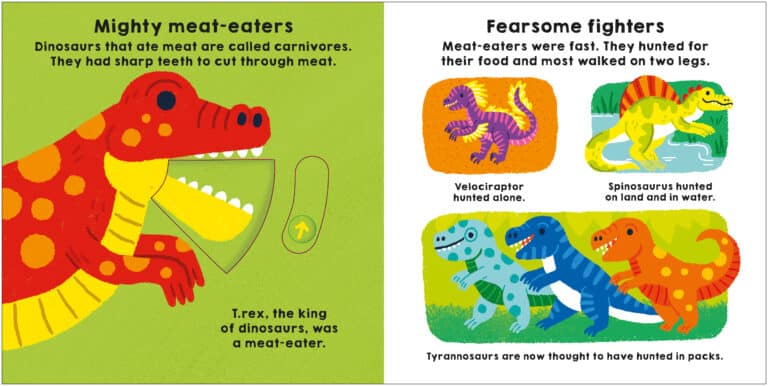 A two-page illustrated spread from a children's book about meat-eating dinosaurs. The left page shows a T-Rex and text about meat-eaters. The right page depicts a Velociraptor, Spinosaurus, and a group of Tyrannosaurs with descriptions of their hunting behaviors.
