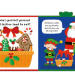 A festive illustrated book page showing a gift basket filled with Christmas treats, including a snowman cookie, gingerbread house, candy canes, and a pudding. On the right, Santa, an elf, and a girl elf are enjoying snacks. A speech bubble says, "Christmas cookies are my favorite, but the elves ate all my treats!.