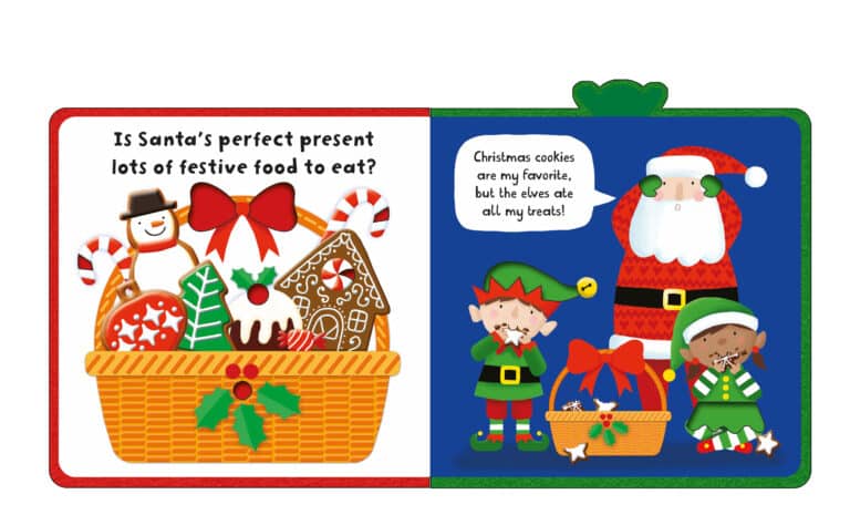 A festive illustrated book page showing a gift basket filled with Christmas treats, including a snowman cookie, gingerbread house, candy canes, and a pudding. On the right, Santa, an elf, and a girl elf are enjoying snacks. A speech bubble says, "Christmas cookies are my favorite, but the elves ate all my treats!.
