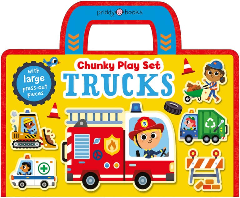 Children's book cover, "Chunky Play Set: Trucks," features illustrated vehicles and workers.