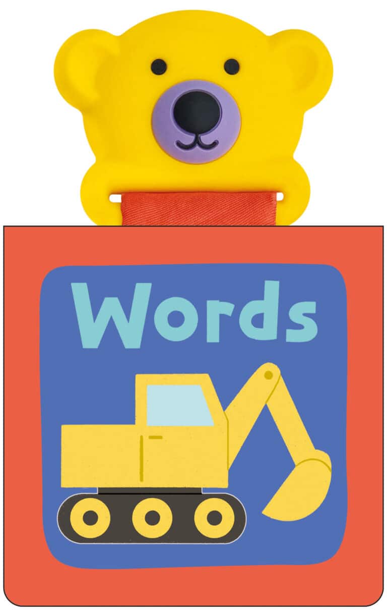 Yellow bear bookmark on a book cover with a digger illustration and the word "Words" on it.