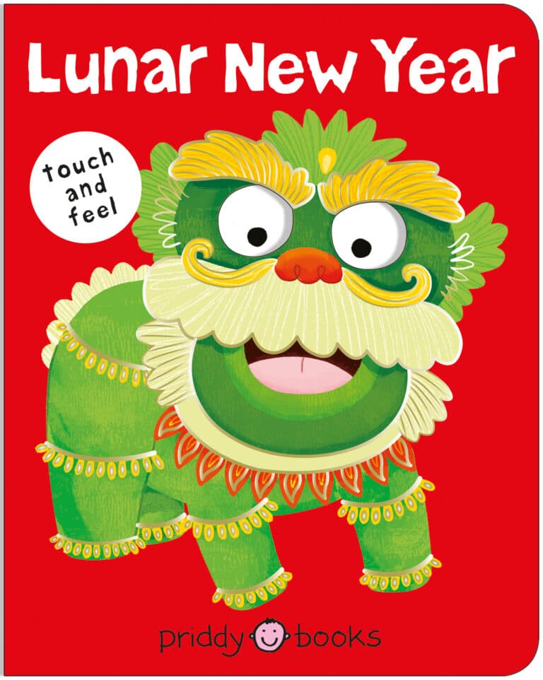 Book cover with a colorful cartoon lion dance costume and text, "Lunar New Year" and "touch and feel.