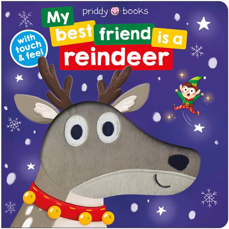 Children's book cover featuring a cartoon reindeer and an elf on a blue background with snowflakes.