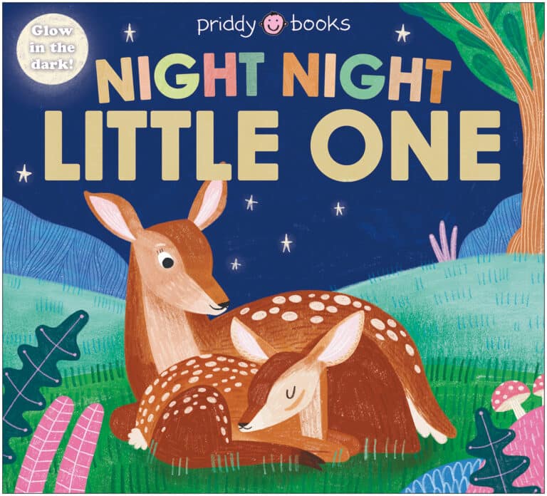 Illustrated book cover with a doe and fawn resting, trees and moon in background. Text: "Night Night Little One".