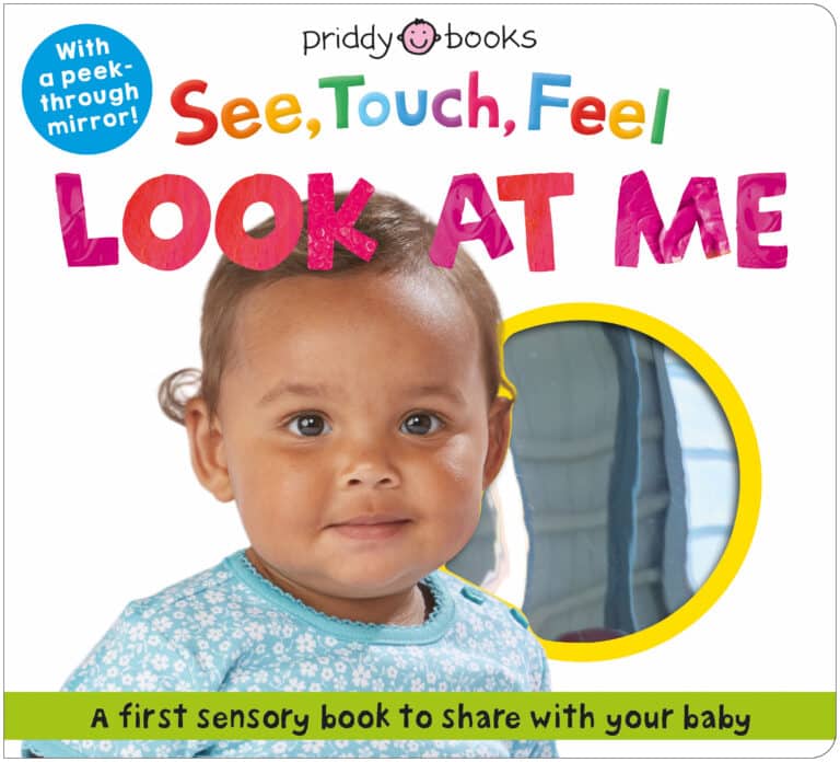 Baby with curly hair on a book cover titled "See, Touch, Feel: Look at Me" by Priddy Books, with a peek-through mirror.