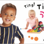 Two children playing with a xylophone and sound-themed toys, surrounded by colorful text and designs.