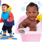 Two children: one in colorful winter clothes, and the other in a bathtub with a yellow toy. Text and pop-up elements included.