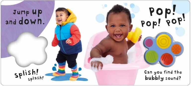 Two children: one in colorful winter clothes, and the other in a bathtub with a yellow toy. Text and pop-up elements included.