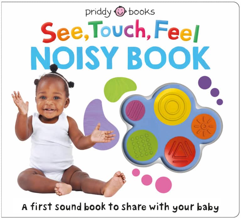 Baby sitting and smiling next to a sensory toy on a colorful book cover titled "See, Touch, Feel Noisy Book.