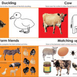 Children's farm animal activity sheet with tracing, matching, and labeling exercises.