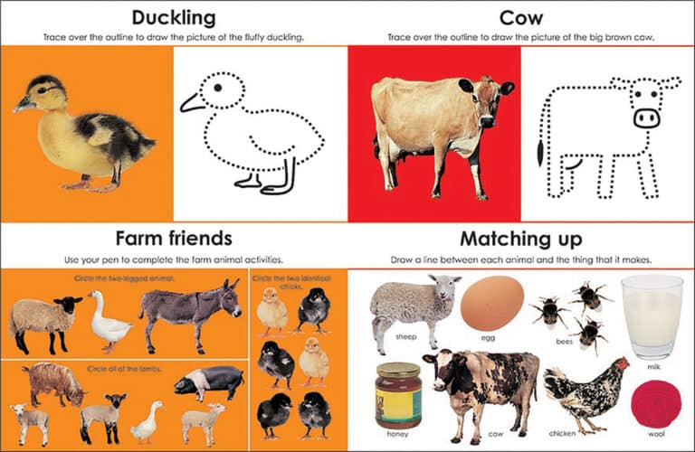 Children's farm animal activity sheet with tracing, matching, and labeling exercises.