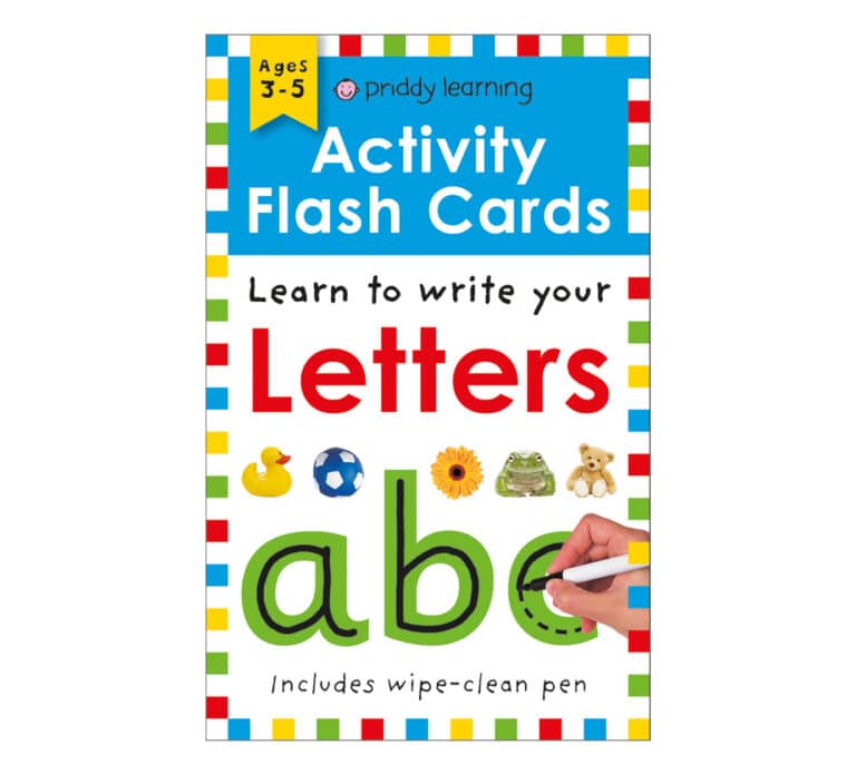 Colorful flashcards cover for learning letters, ages 3-5, with wipe-clean pen.