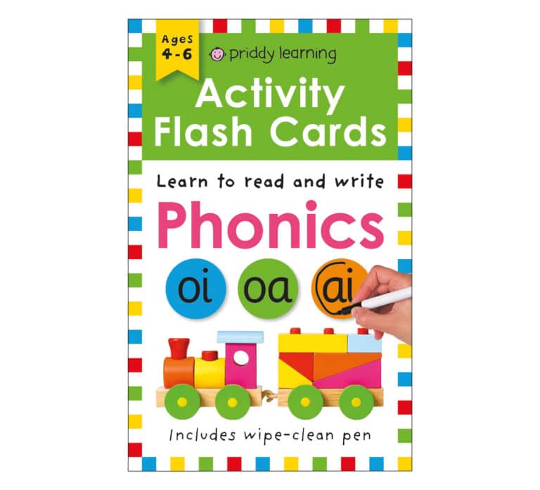 Colorful phonics flash cards for ages 4-6, featuring a train, with a wipe-clean pen included.