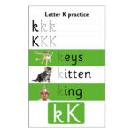 Letter K practice sheet with keys, a kitten, and a king.