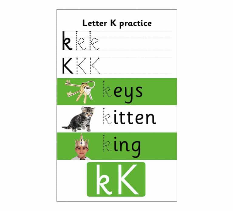 Letter K practice sheet with keys, a kitten, and a king.