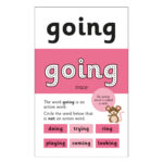 Educational poster about the word "going" with various action words and a mouse illustration.