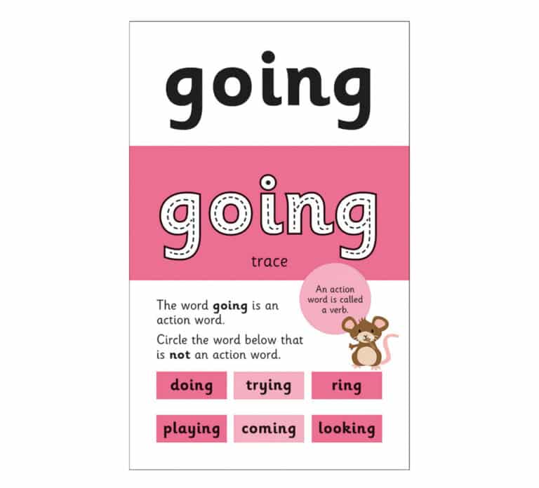 Educational poster about the word "going" with various action words and a mouse illustration.