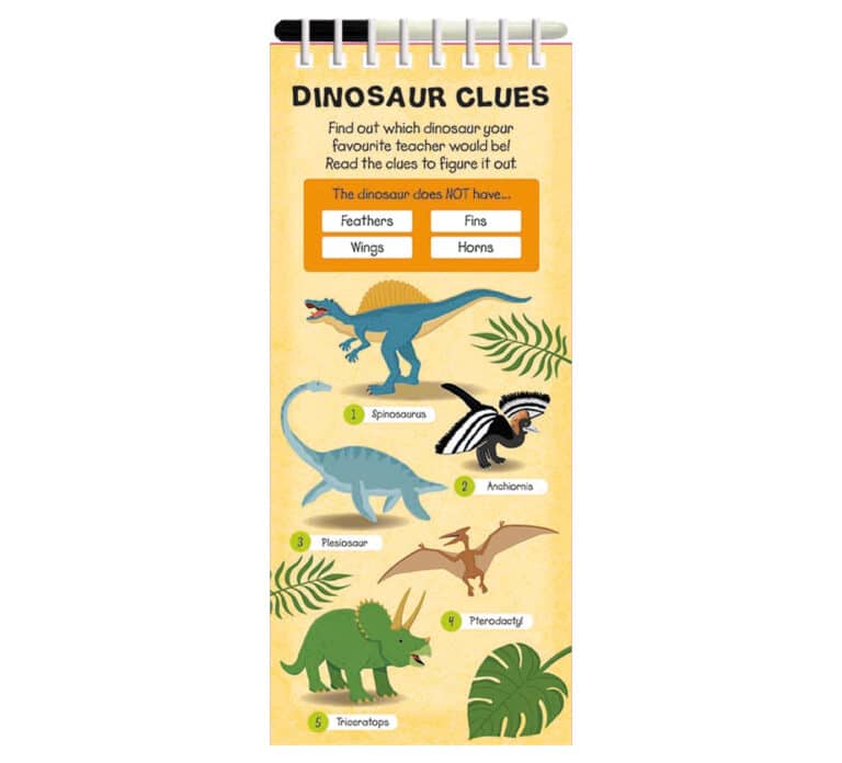 Illustrated dinosaur game with options: Spinosaurus, Plesiosaur, Ankylosaurus, Pterodactyl, Triceratops.
