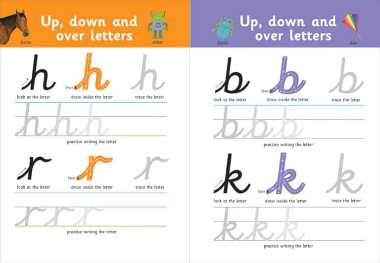Alphabet practice pages featuring letters h and k with trace and write activities.