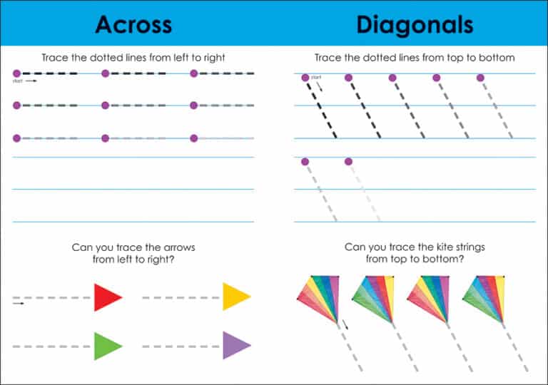 Tracing activity with dotted lines, arrows, and kites for practicing across and diagonal line tracing.