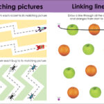 Matching pictures and linking lines activities with rockets, bugs, apples, and oranges on a colorful worksheet.
