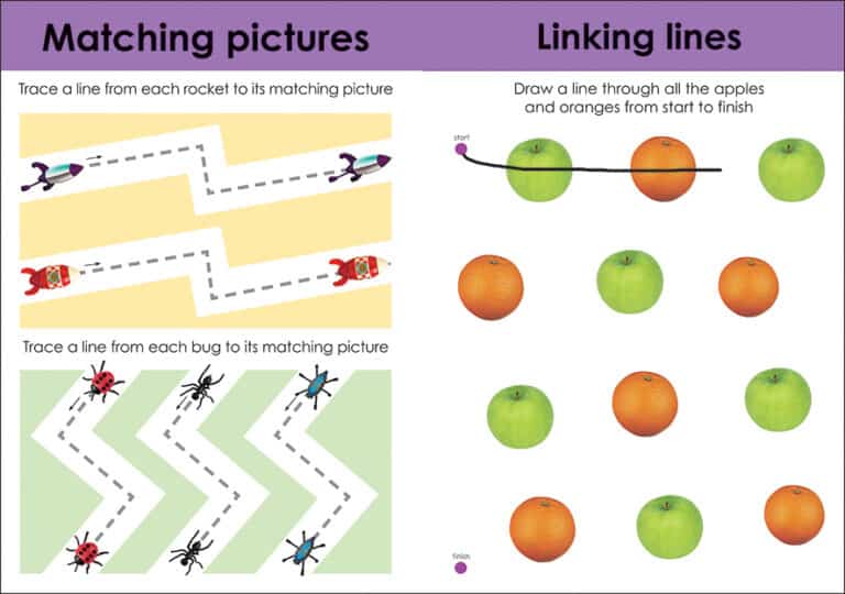 Matching pictures and linking lines activities with rockets, bugs, apples, and oranges on a colorful worksheet.